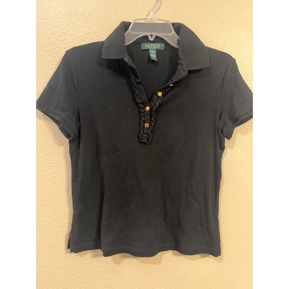 Lauren Ralph Lauren Tops - Lauren Ralph Lauren Petite Black Cotton Ruffle  Polo Shirt Gold Buttons PM
